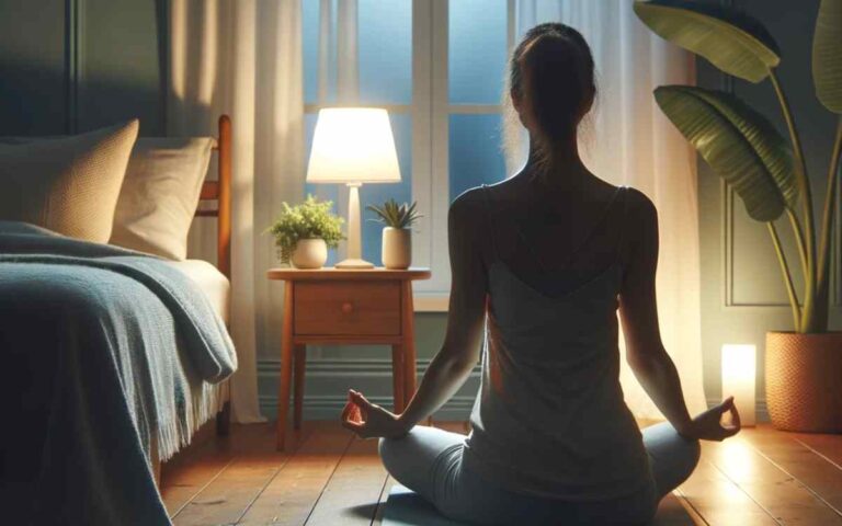 Étape de détente dans votre cure de sommeil maison : Pratiquez le yoga pour libérer les tensions et favoriser un sommeil réparateur.