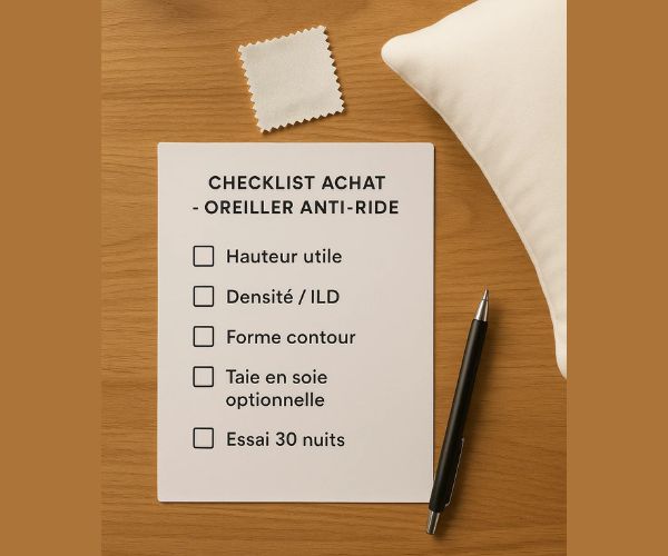 Checklist d’achat oreiller anti ride : hauteur utile, densité, forme contour, taie en soie optionnelle, essai 30 nuits