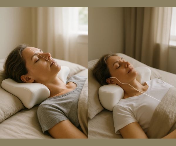 Photo explicative : dormir sur le dos avec un oreiller contour qui dégage la joue pour limiter les lignes de sommeil