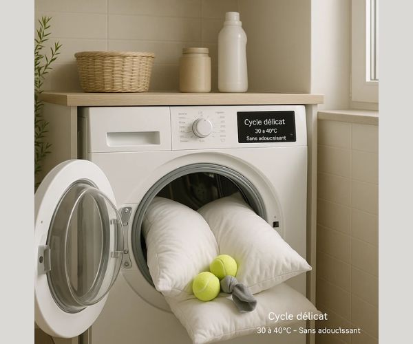 Lavage oreiller en machine avec balles de tennis, cycle délicat 30 à 40°C