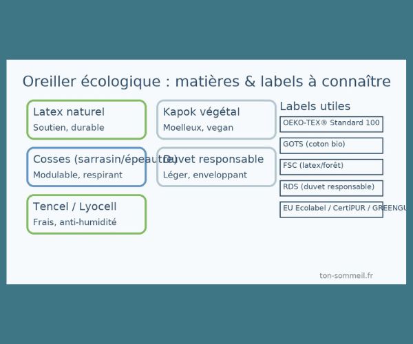 Oreiller écologique : matières naturelles et labels à connaître (latex, kapok, cosses, duvet, Tencel, OEKO-TEX, GOTS)