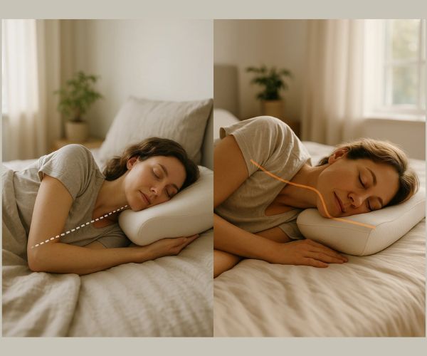 Photo explicative : dormeur sur le côté avec oreiller cervical, tête-nuque alignées avec la colonne