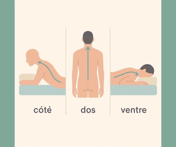 Schéma des positions de sommeil et hauteur d’oreiller recommandée
