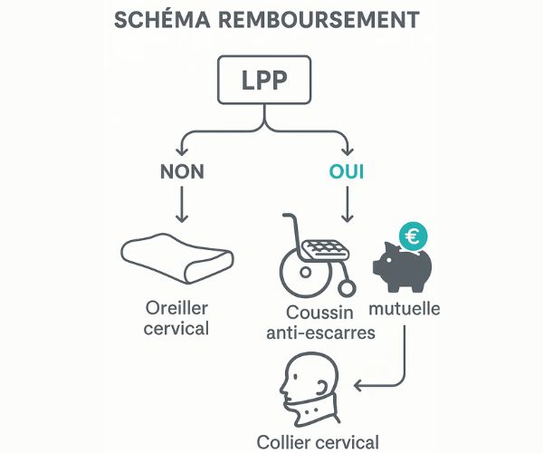 Schéma simple : oreiller cervical non remboursé par la LPP, confusion avec coussin anti-escarres et rôle de la mutuelle