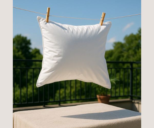 Séchage oreiller à l’air libre, à plat sur serviette, en plein soleil