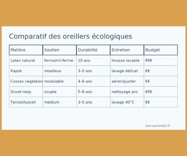 Tableau comparatif des oreillers écologiques : latex, kapok, cosses, duvet, Tencel (soutien, durabilité, entretien, budget)